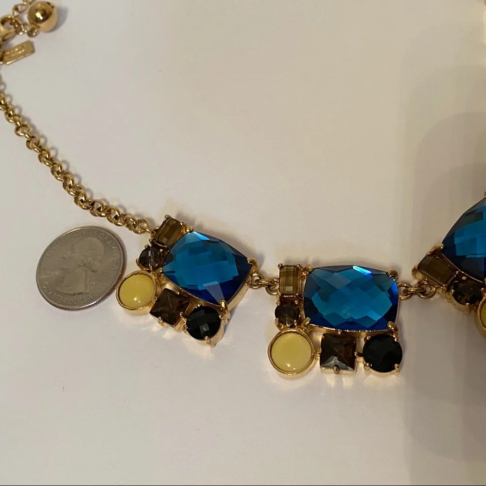 KATE SPADE NECKLACE GOLD STATEMENT BLUE FACETED GEM MEDALLIONS 20”